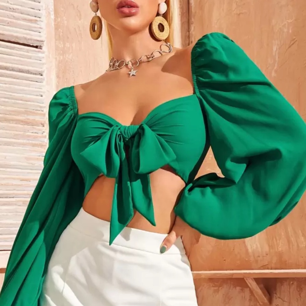 SHEIN Vibrant Green Bow Blouse